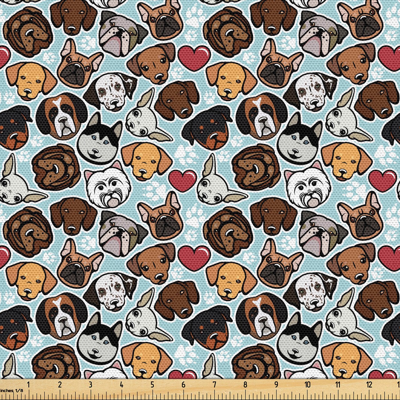Ambesonne Dog Lover Fabric by the Yard, Canine Breeds Bulldog Chihuahua Siberians and Retriever Love Heart Paw Prints, Decorative Fabric for Upholstery and Home Accents, 2 Yards, Brown Blue
